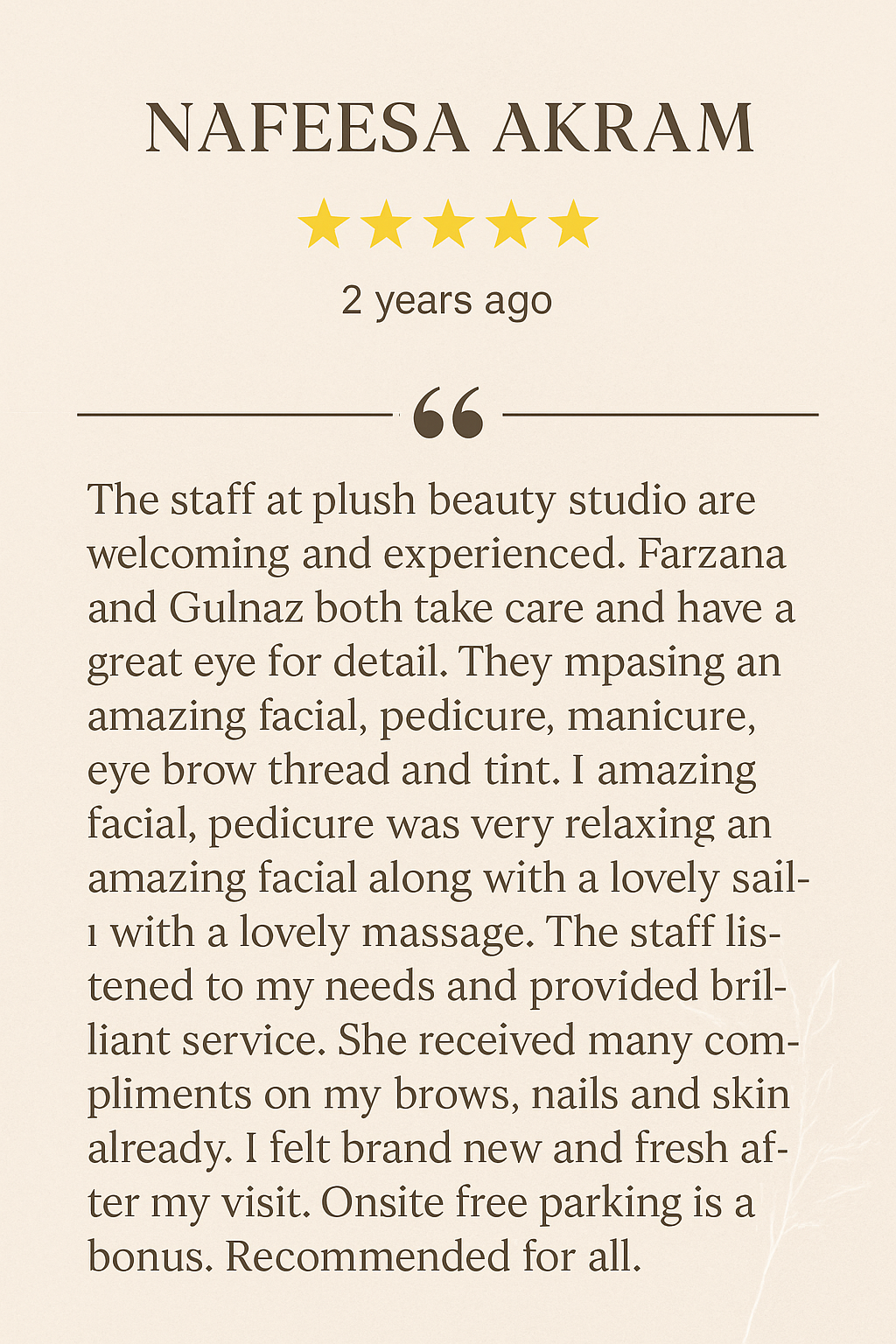 Client testimonial from Nafeesa