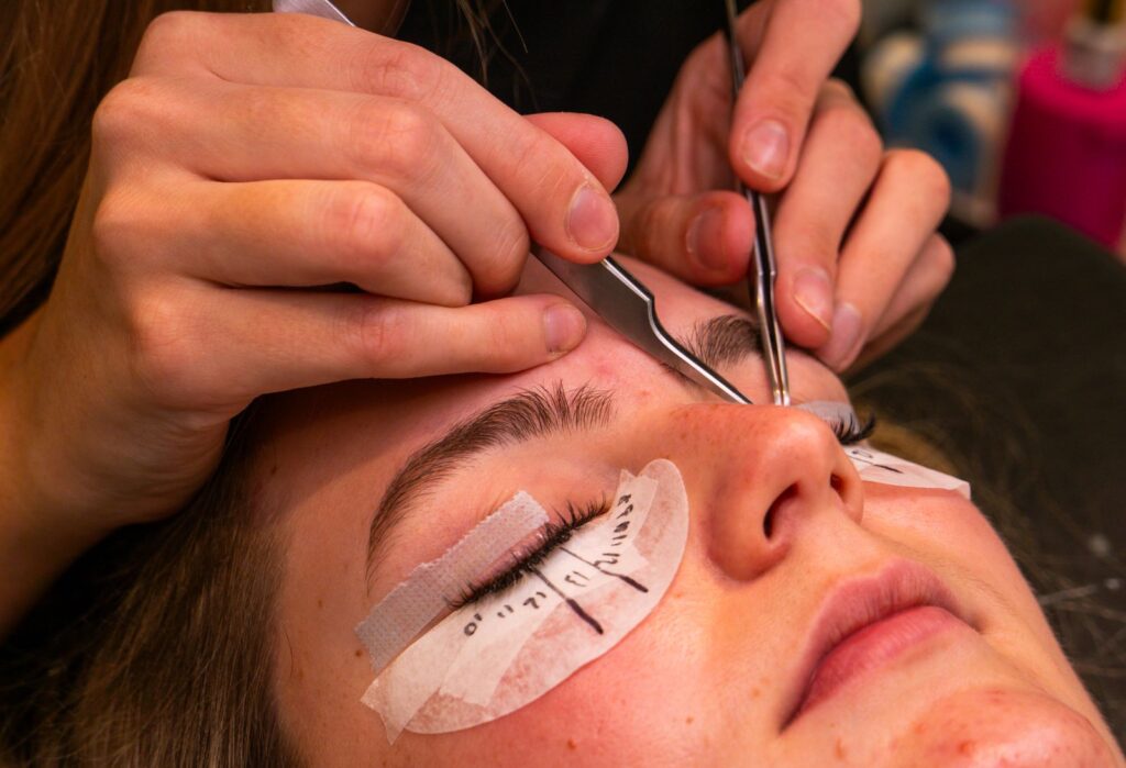 Close-up of a lash treatment with under-eye pads