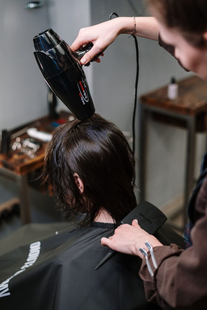Stylist blow-drying a client's hair in a salon