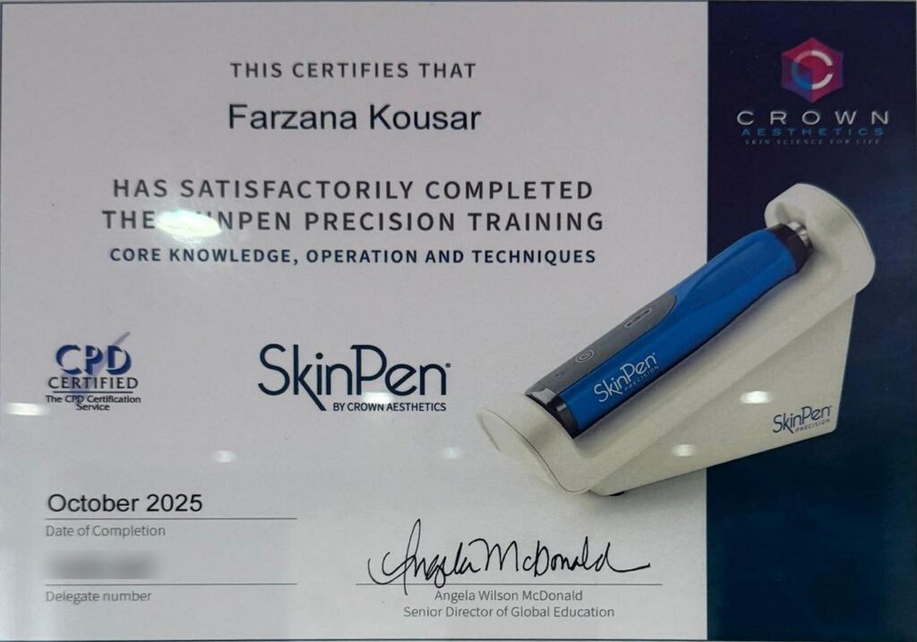 Farzana Kousar CPD-certified SkinPen Precision training certificate from Crown Aesthetics
